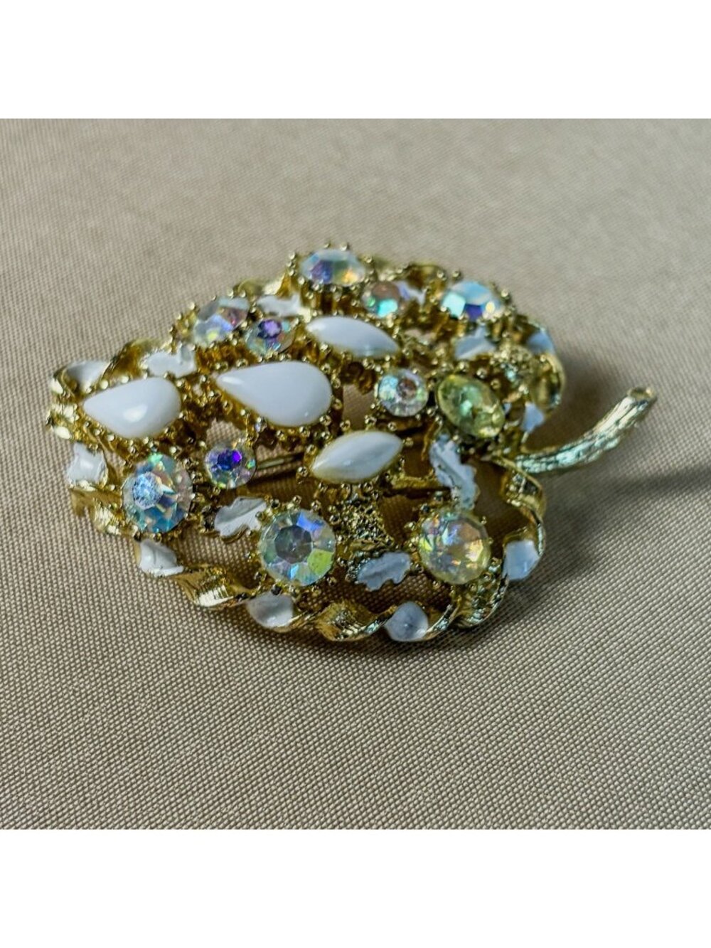 Vintage Fruit Cluster Brooch Milk Glass Aurora Borealis Rhinestone Enamel C75